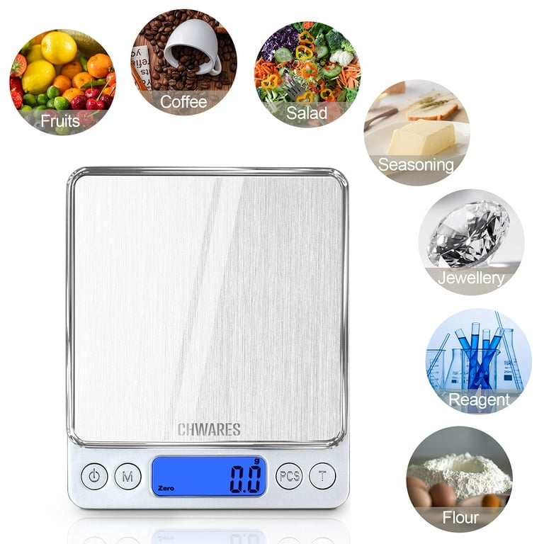 Chwares Digital Kitchen Scales, USB Rechargeable Stainless Steel 3Kg/0.1g  Mini Food Scales 