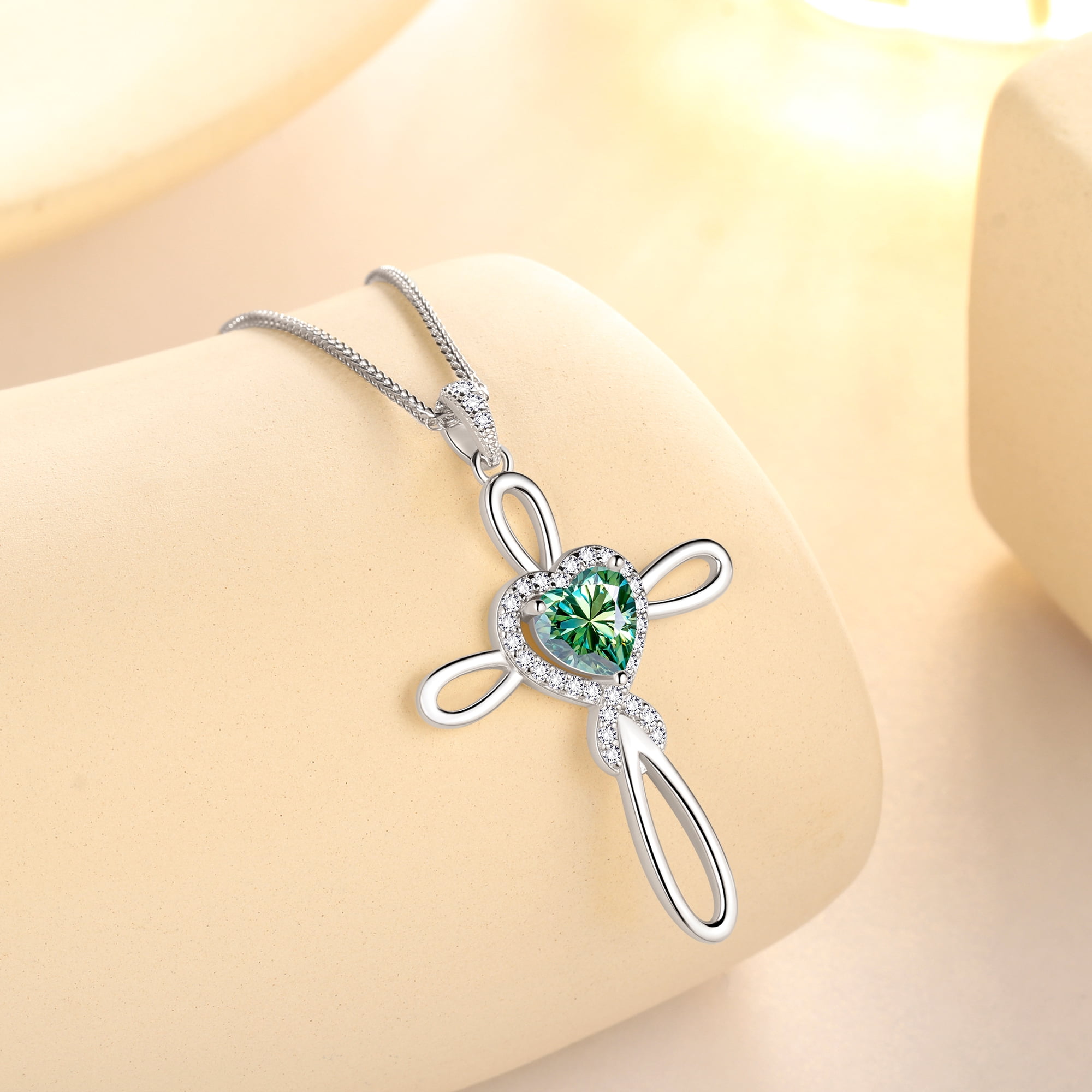 Beautlace 1 Carat Moissanite Cross Necklace,18K White Gold over Stering Silver Heart Birthstone Pendant Necklace Jewelry Birthday Christmas Valentines Gifts for Women