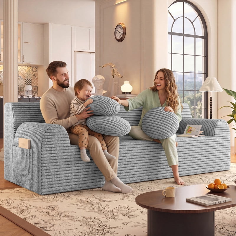 PORKISS 71 Inch Corduroy Couch, Boneless Cloud Couch, No Assembly Floor Sofa with 3 Round Pillows, Comfy 3 Seater Sofa Couch for Living Room, Apartment, Bedroom, Small Space, Light Gray