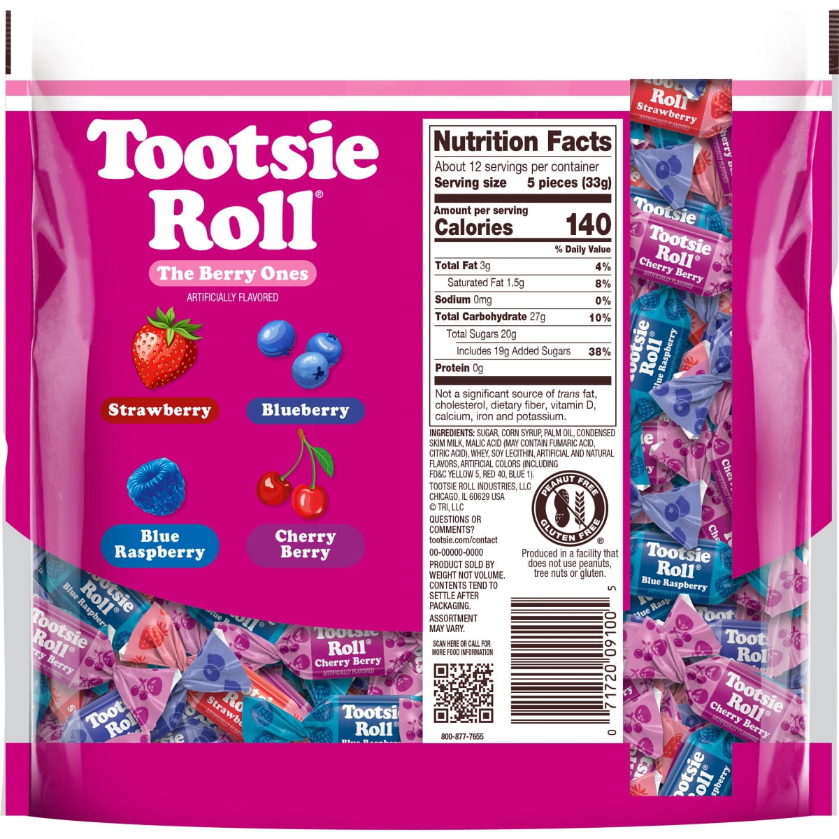 Tootsie Roll, The Berry Ones, Candy 14.37 oz. Bag. Peanut Free, Gluten Free. Contains Milk and Soy.