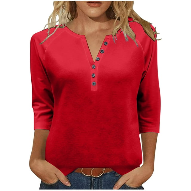 Lmnyox Hauts Décontractés à Manches 3/4 pour Femmes, Mode Unie, Col Rond, Chemises à Boutons, Blouses Habillées pour le Travail