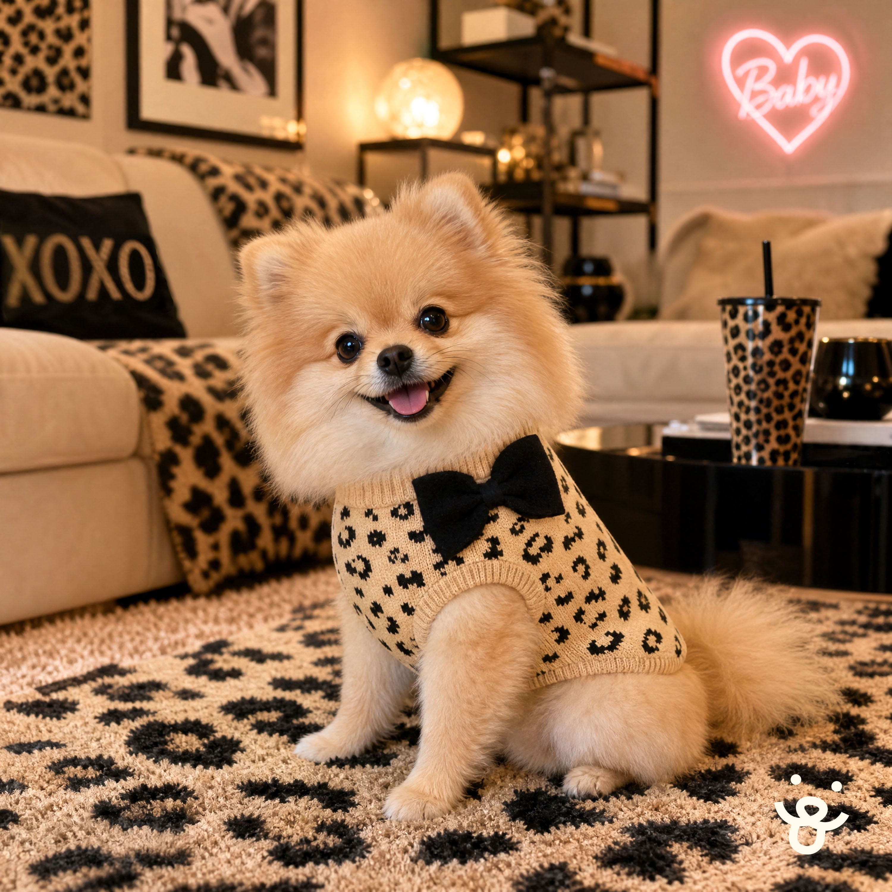Oodles Leopard Print Bow Fall Dog Sweater, Tan, Medium
