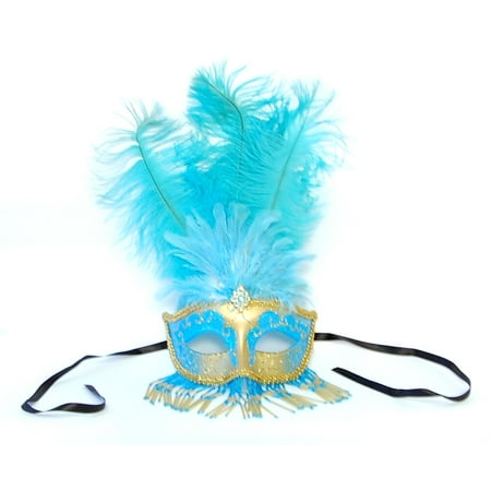Exotica Beaded Eye Costume Mask W/Feather: Gold/Aqua