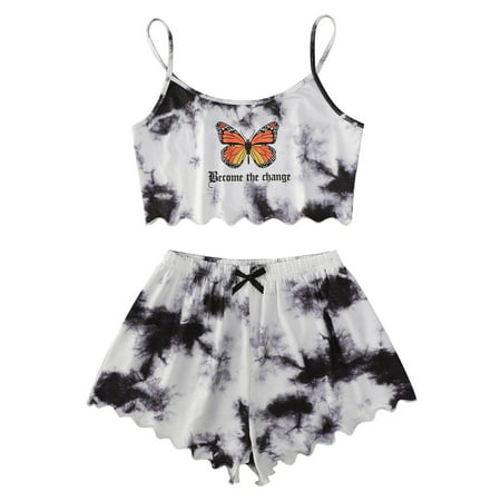 

MIARHB Women Tie Dye Printing Sleepwear Set Pajamas Sleeveless Cami Shorts Lingerie Slim Sleepwear Set
