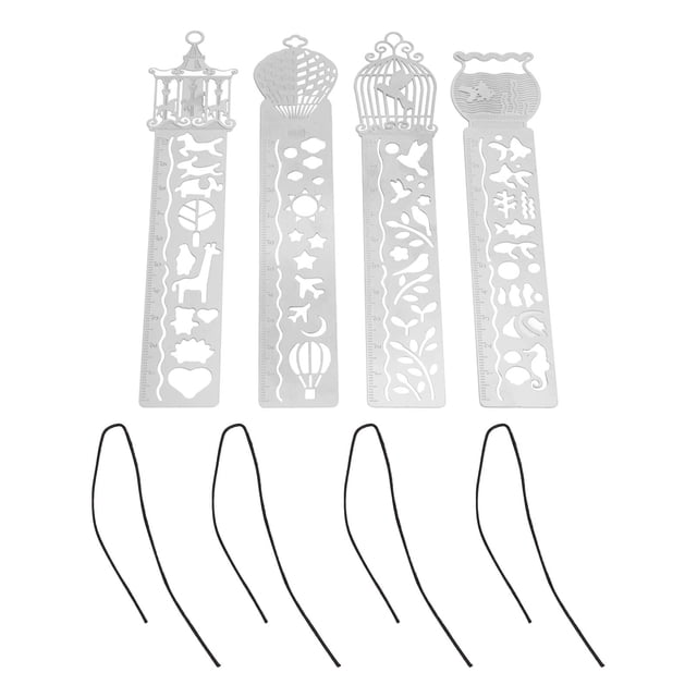 Regla de estarcido portátil multifuncional con 4 plantillas de dibujos animados, manual de pintura, marcapáginas, regla metálica hueca