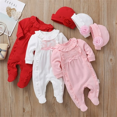 

Newborn Baby Girl Clothes 3D Flower Romper Jumpsuit Long Sleeve Ruffled Footie Bodysuit Hat Outfit Set 2PCS