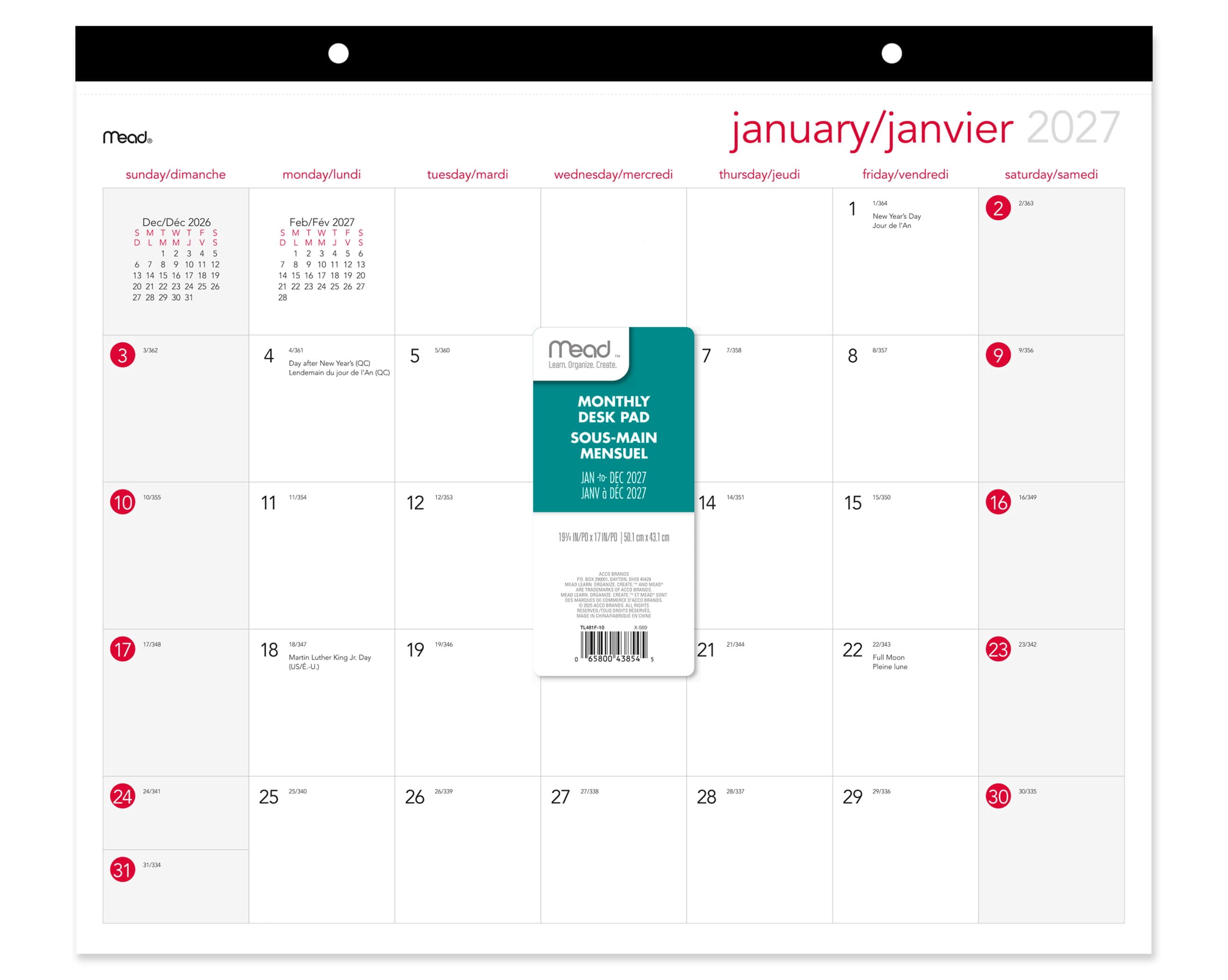 Calendrier mensuel de bureau en papier At‑A‑Glance® Grand format 2027, 19 3/4 po x 17 po
