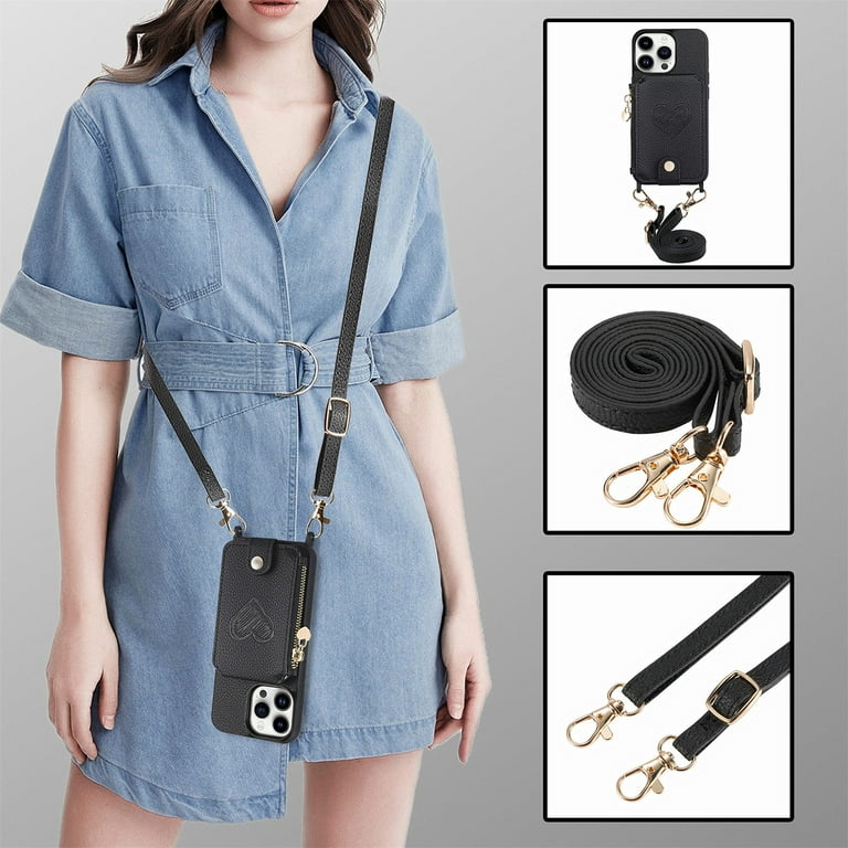 Feishell Crossbody Phone Case for Apple iPhone 15 Pro Heart Pattern PU Leather Zipper Pocket Card Slots Shockproof Kickstand Phone Case with Adjustable Shoulder Strap Black Walmart