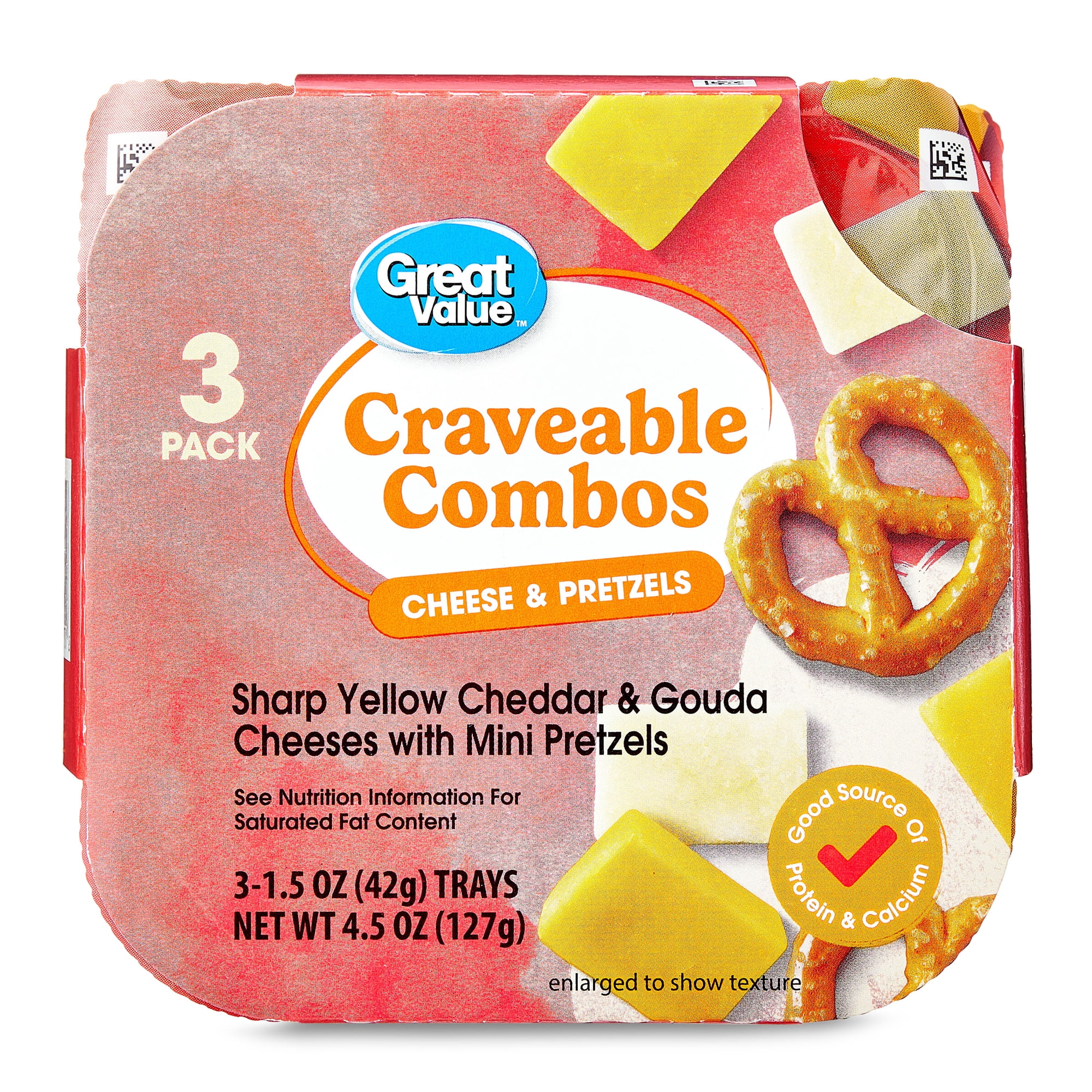 Great Value Craveable Combos Sharp Yellow Cheddar & Gouda Cheeses with Mini Pretzels, 1.5 oz, 3 Count