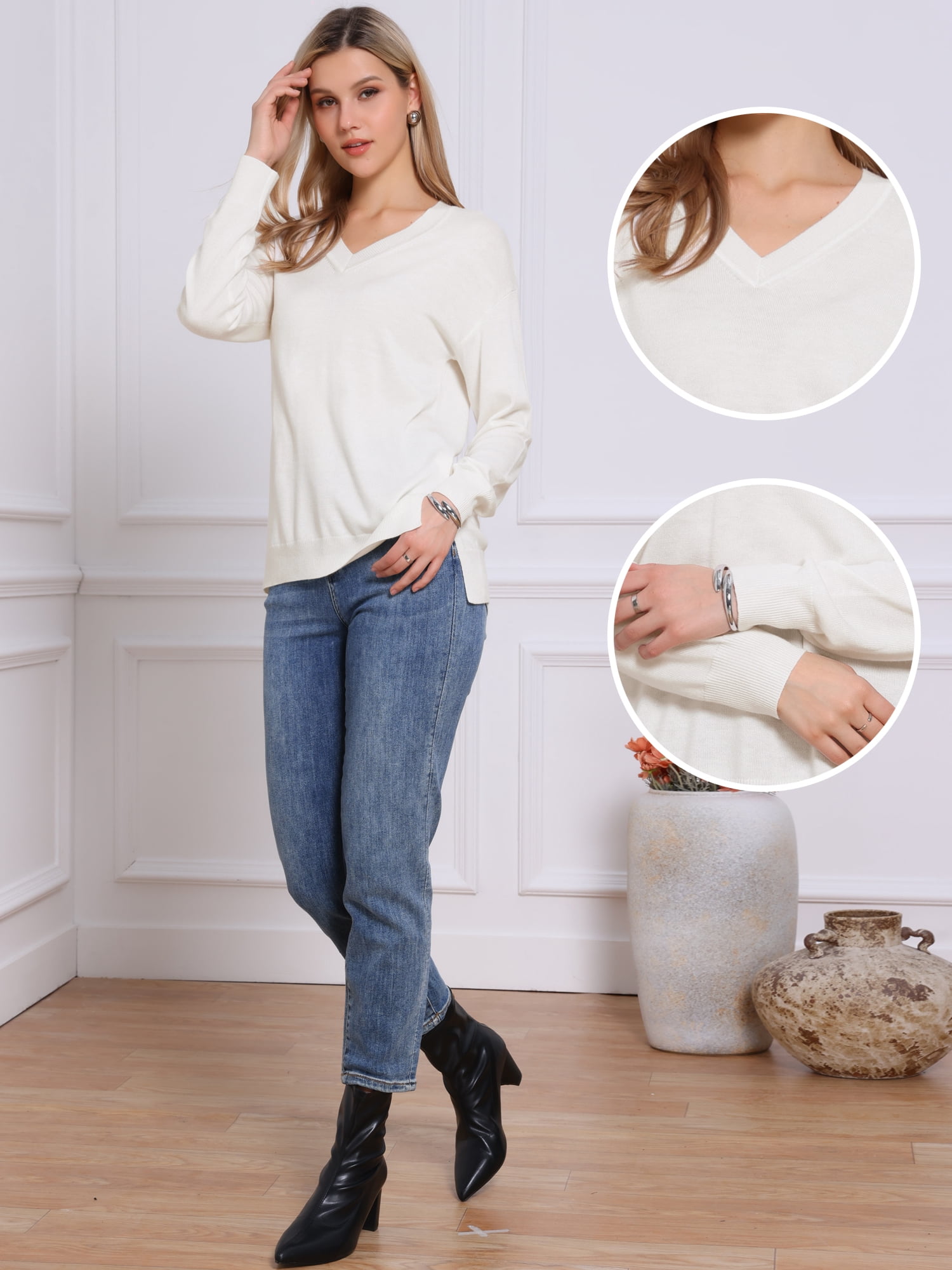 DARING DIVA Women's V Neck Sweaters Long Sleeve Pullover Jumper Tops M Beige