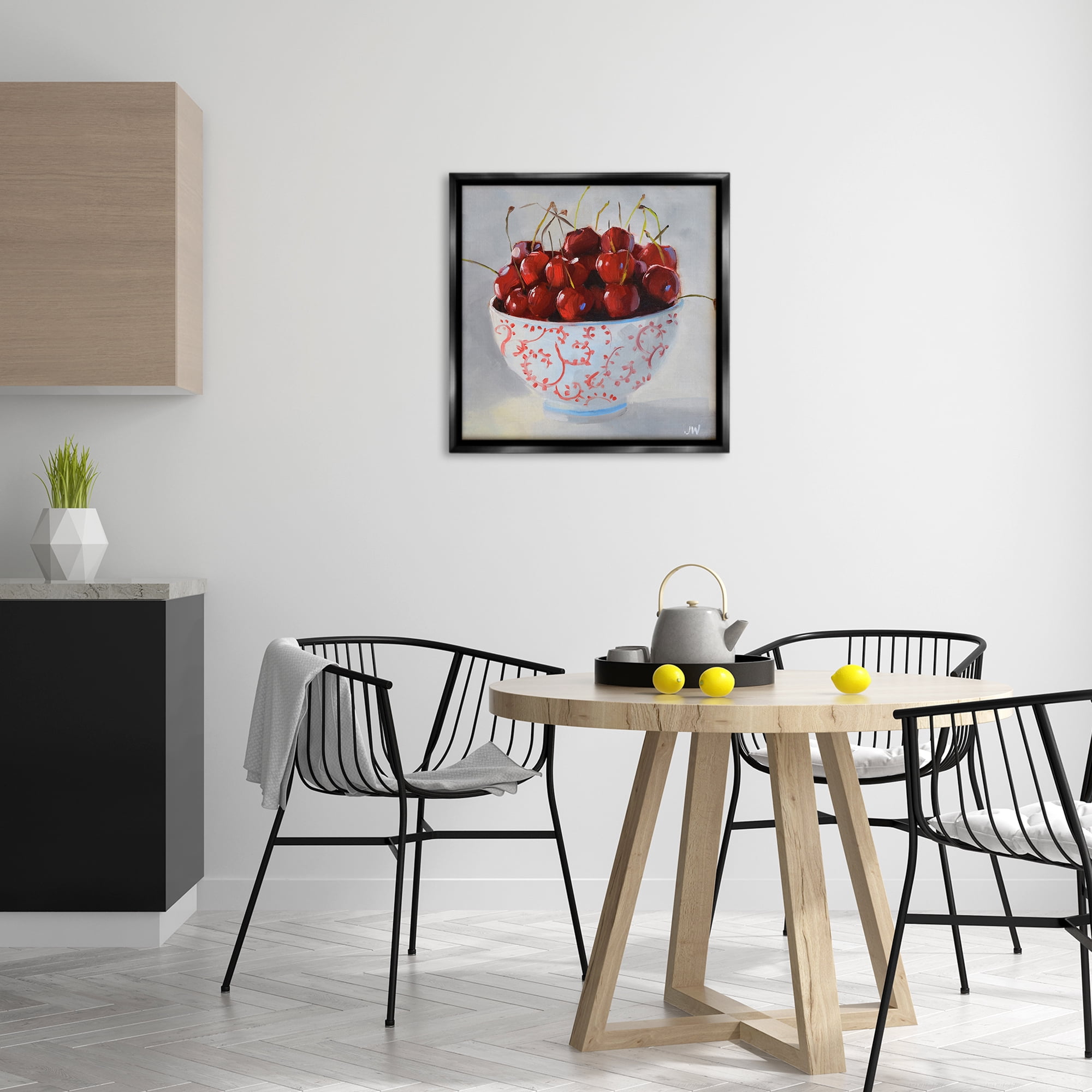 Stupell Industries Cherries in Ornate Bowl Food & Beverage Painting Black Floater Framed Canvas Art Print Wall Art, 25 x 25