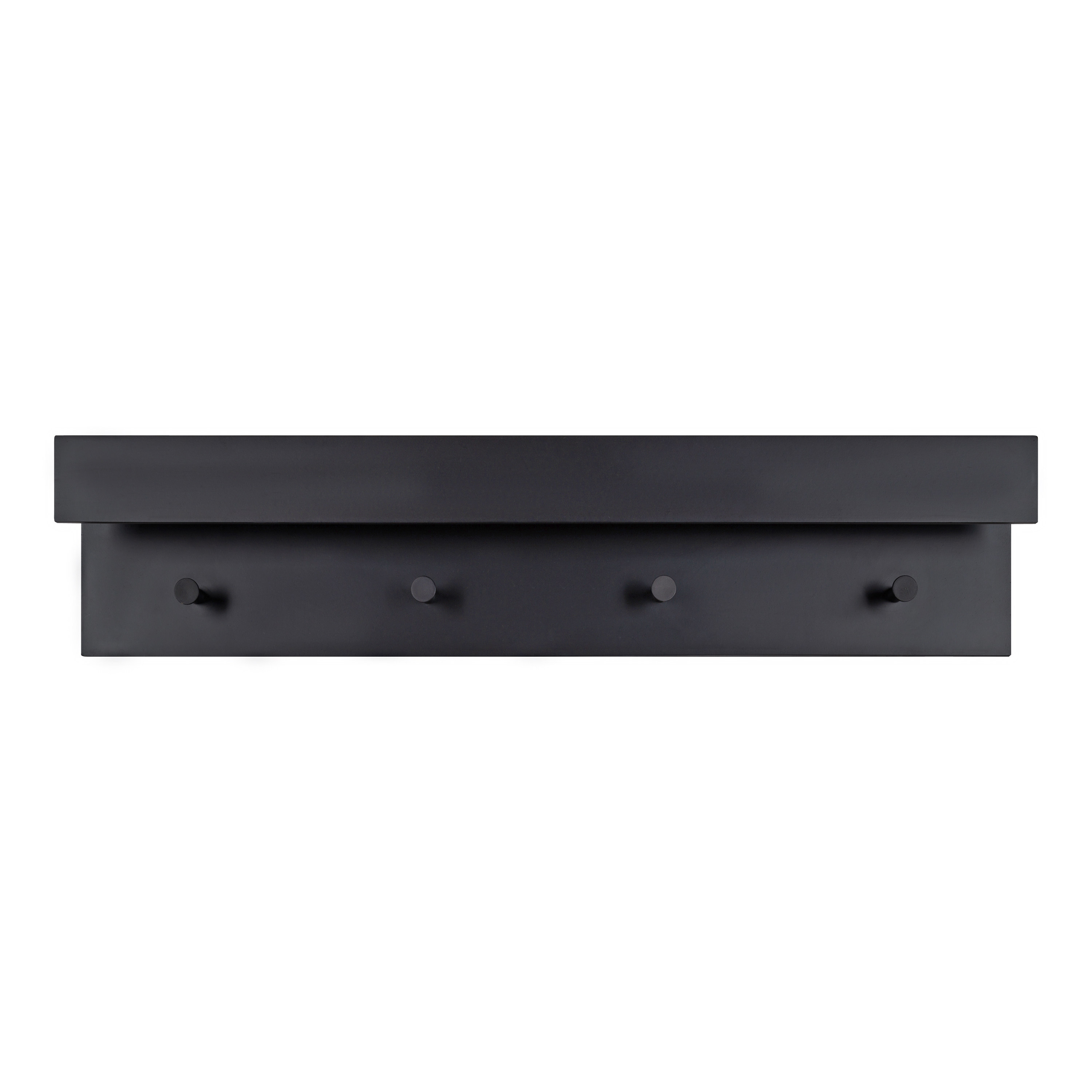 Kate and Laurel Levie Modern 4-Knob Wood Wall Shelf with Picture Frame Ledge,  36 x 7.5 x 4.5, Black, Chic Accent Shelf and Coat Hooks for Hanging 