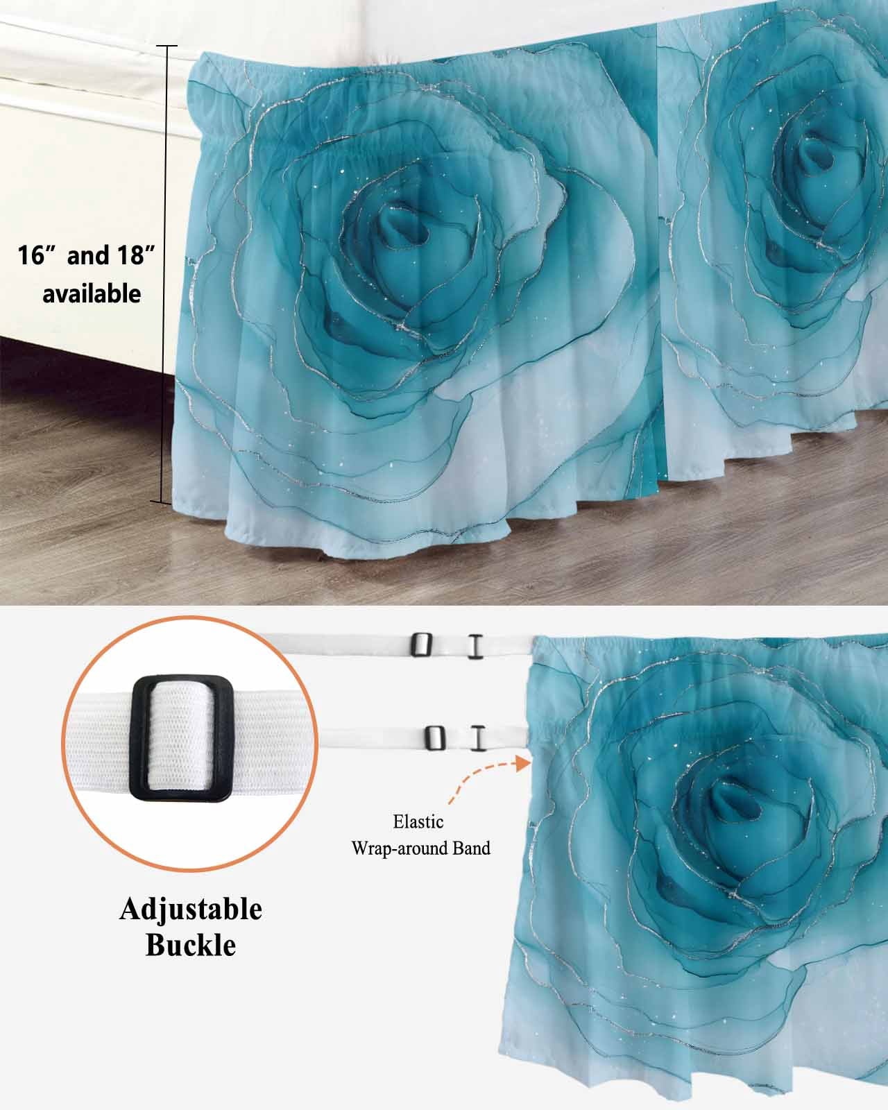 Marble Teal Blue Wrap Around Bed Skirts for King Bed 16" Drop,Bed Skirt with Adjustable Elastic Belt Dust Ruffle Bed Valance for Bedroom Hotel Modern Rose Floral Ink Art Silver Lines Bed Frame Cover