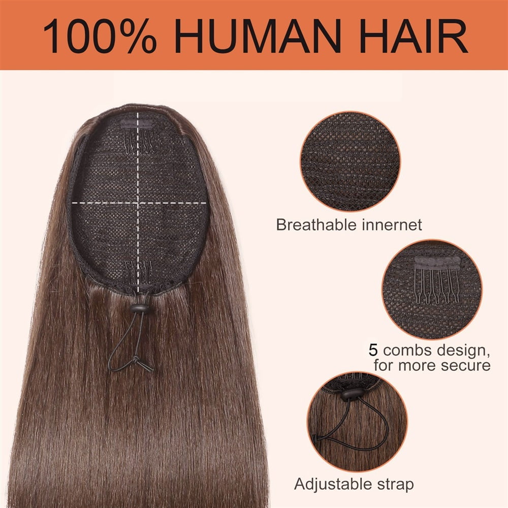 Brazilian Human Hair Ponytail Hairpiece 16-26 Inch Long Straight Drawstring Ponytail Extensions #4 Medium Brown