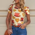 thumbnail image 6 of KLL Women 's Crew Neck Bodysuit Jumpsuits Cups of Tea Print Short onesies Stretch T Shirts, 6 of 7