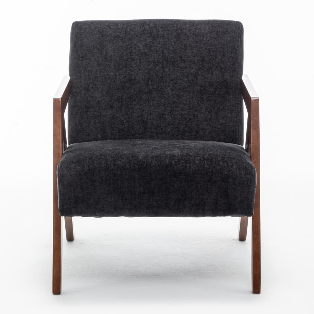 Mid Century Modern Accent Chair, Upholstered Reading Armchair with Rubber Wood Frame, Soft Fabric, Curved Arms for Living Room, Bedroom & Office, Black