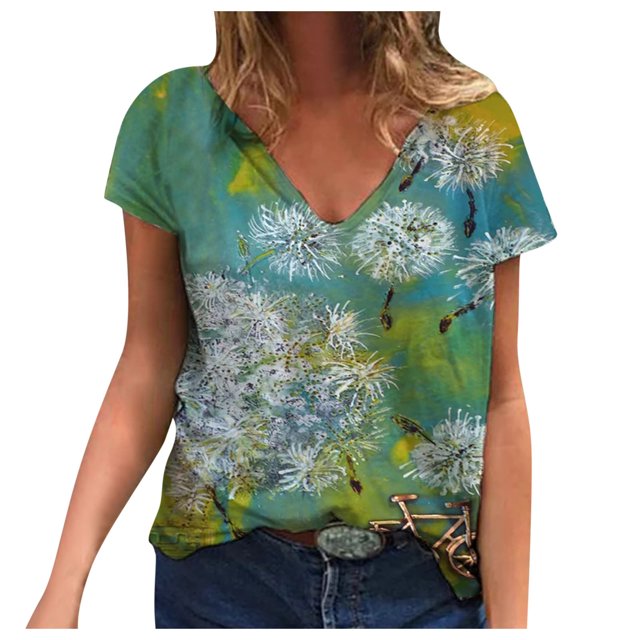 Pompotops T-Shirt à Manches Courtes Imprimé Col en V pour Femmes Grande Taille