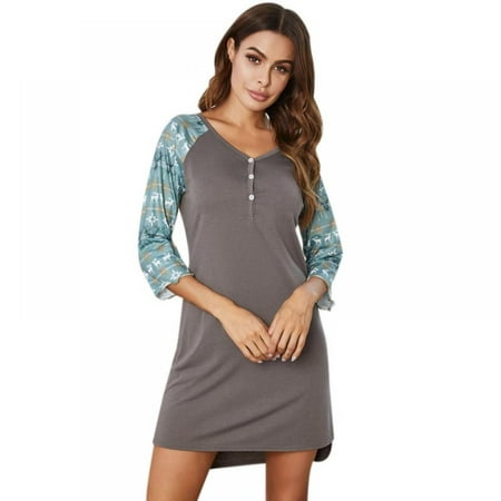 

Sleepwear Women s Button V Neck Contrast Stitching Nightshirt Casual Sleepshirt Long Sleeve Nightgown Loungewear Homewear