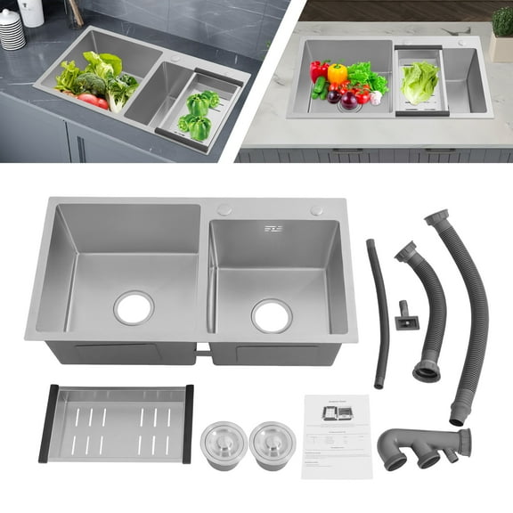 Double Bowl Kitchen Sink Drop in & Top Mount Double Bowl Sinks 304 Stainless Steel  Includes Drainage Pipes and Fruit Baskets 2 Strainers 30.71" x16.93" x8.27"