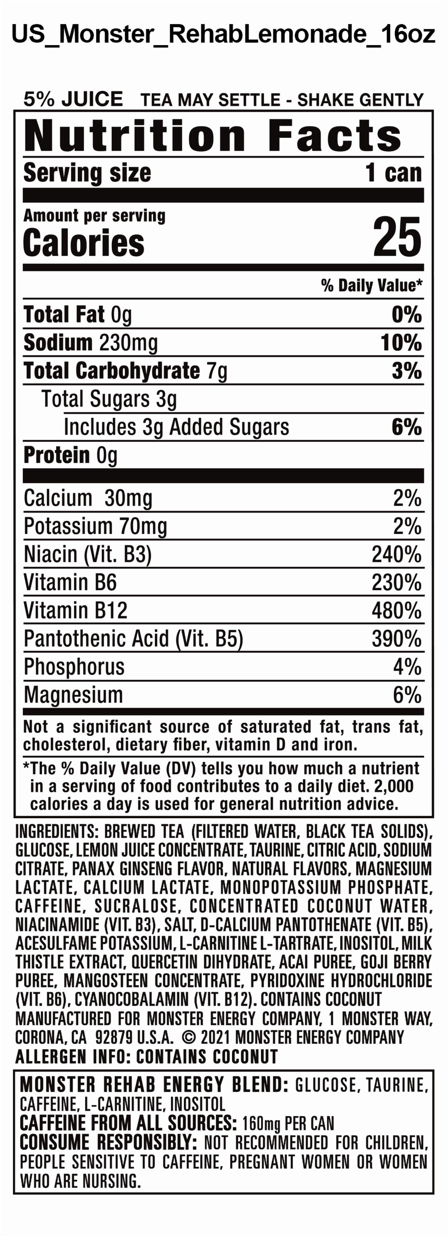 Monster Rehab Tea + Lemonade Energy Drink, Zero Sugar, 15-Pack, 16 Oz Cans