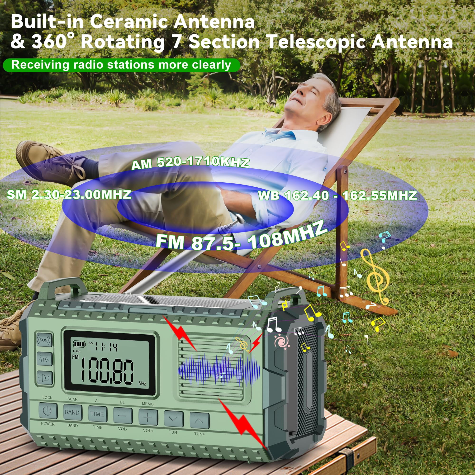Emergency Weather Radio - Am/fm/noaa Hand Crank With 15w Fast Charge  40000mah Portable Solar Power Multi-function Flashlight & Sos Alarm For Outdoor Indoor Emergencies (green)