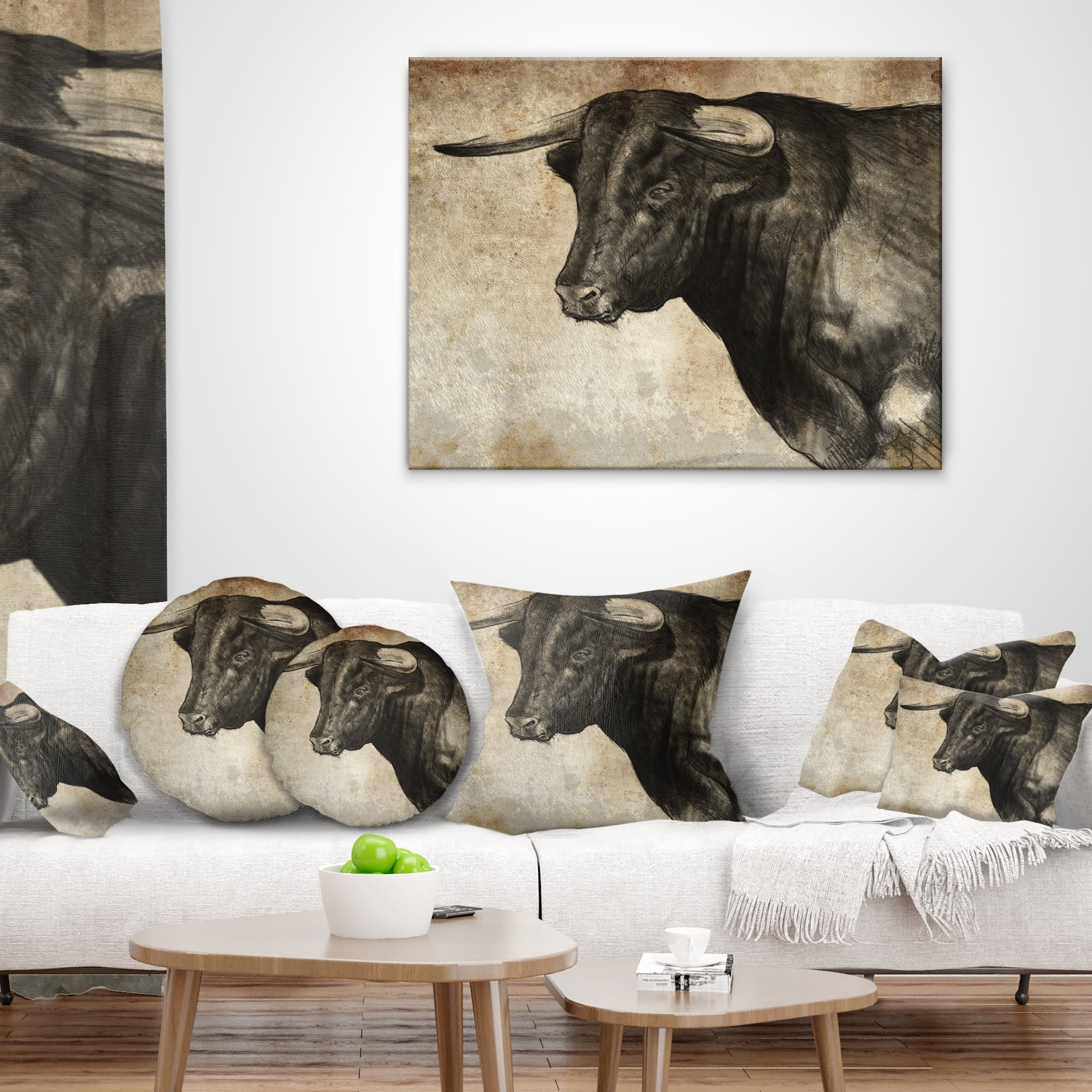 Designart Spanish Bull Sketch - Animal Throw Pillow - 18x18