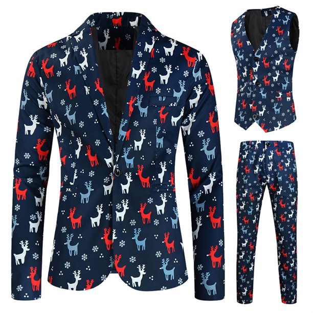 Trajes de esmoquin navideños para hombre, traje informal de negocios, 2 o 3 piezas, chaquetas, chalecos, blazer, chaqueta, pantalones, conjunto de disfraz de Papá Noel con copo de nieve