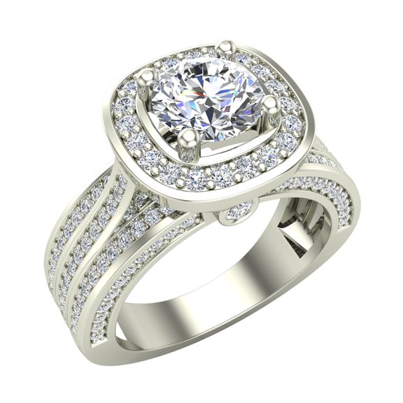 Trio Diamond Shank Cushion Halo Engagement Ring 1.70 Carat Total Weight 14K White Gold (G,SI)