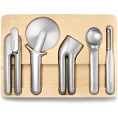 Caraway Kitchen Gadget Set - 5 Piece Kitchen Essentials - Stainless Steel - Includes Can Opener Pizza Cutter Garlic Press Ice Cream Scoop Vegetable Peeler and Storage Organizer