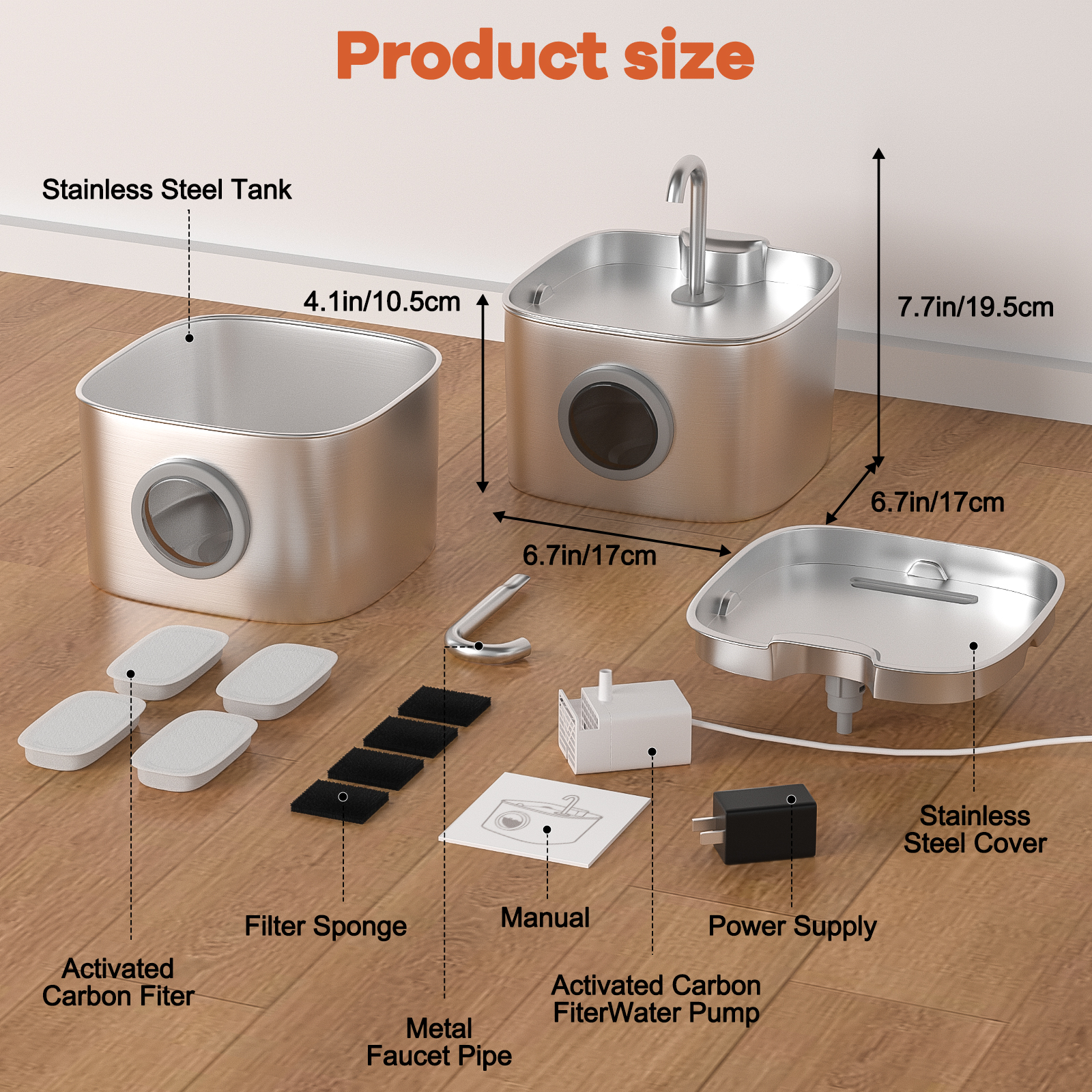 Cat Water Fountain Stainless Steel, YUWENUS 78oz/2.2L Pet Fountain with Water Level Window Automatic Water Dispenser with 4 Replacement Filters for Cats, Dogs