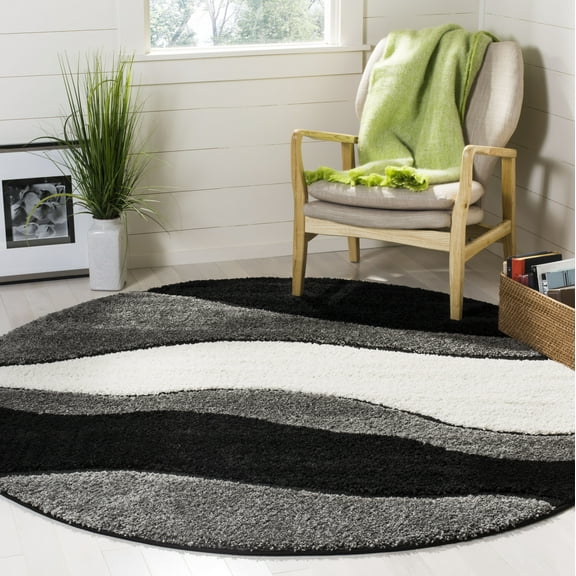SAFAVIEH Florida Tyler Geometric Waves Shag Area Rug, Grey/Black, 6'7" x 6'7" Round