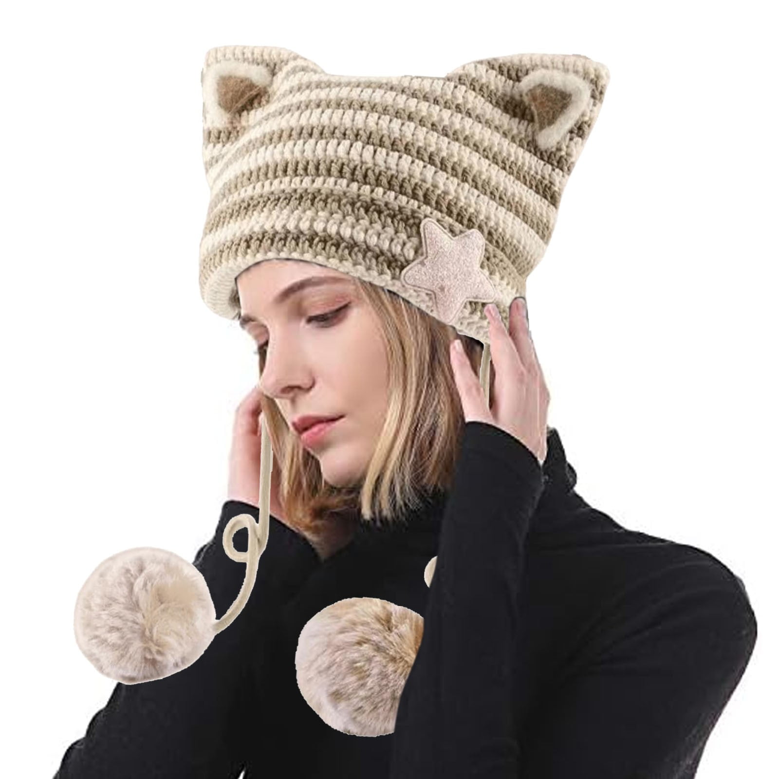 WTXUE Beanie, Women Cat Ear Hat with Pom Poms Star Accessories