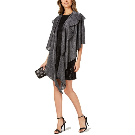 Cejon Women's Shawl Double-Draped Sparkle-Knit Wrap, Metallic Black