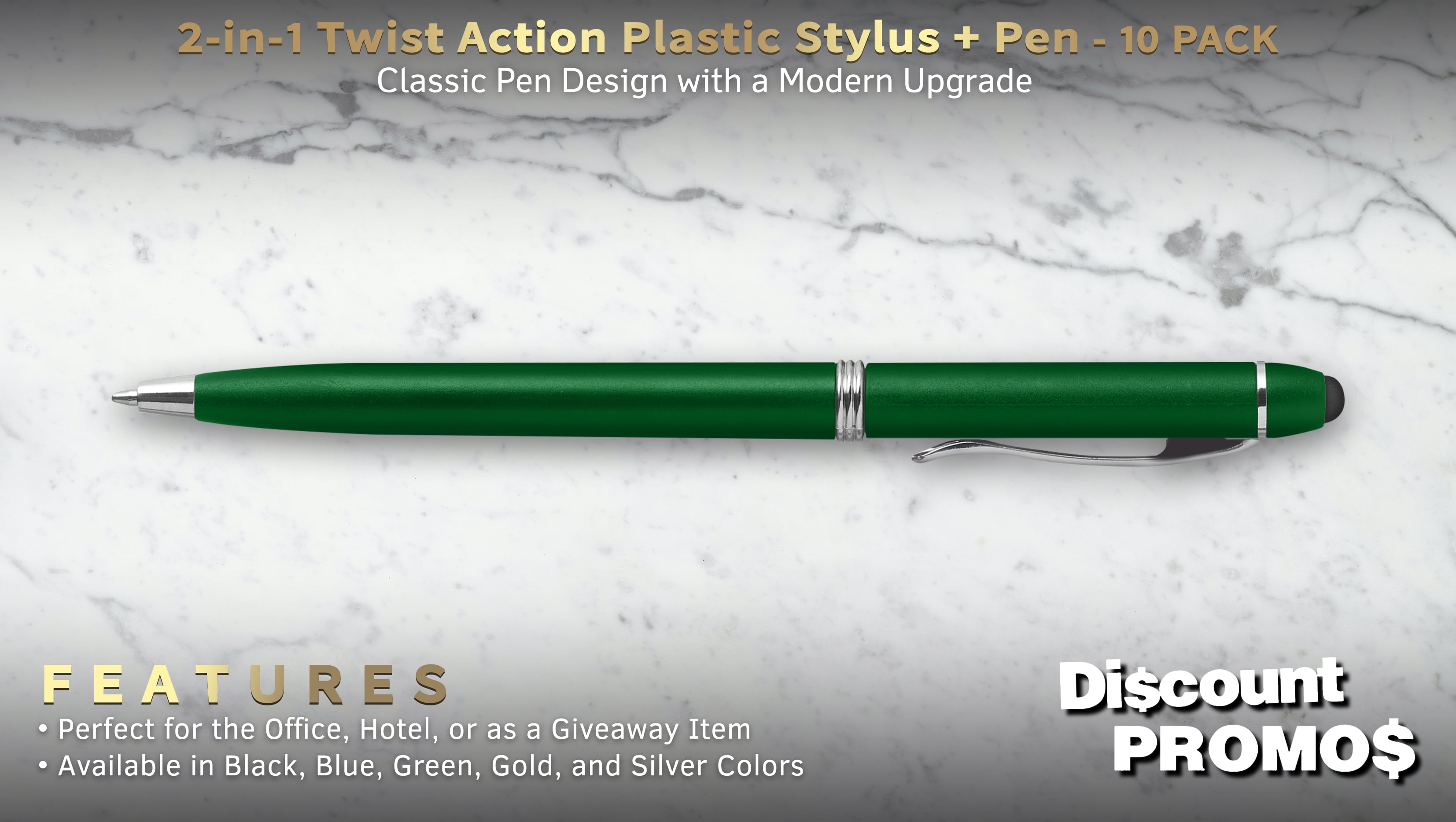 10 Twist Action Plastic Stylus Pens Pack - Metallic Barrel, Black Ink - Green
