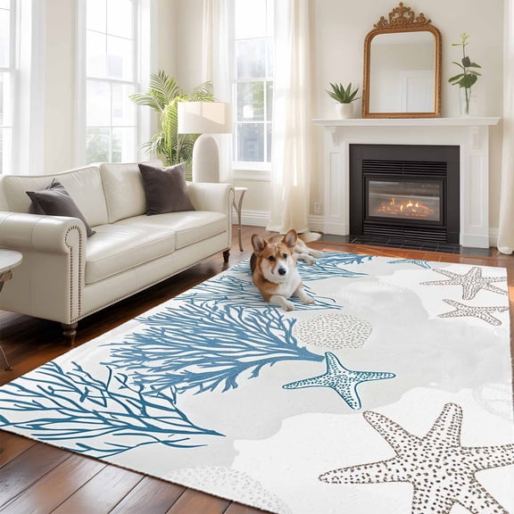 5'x8' Area Rugs, Starfish Coastal Indoor Outdoor Area Rug for Living Room Bedroom, Nautical Summer Beach Coral Washable Bathroom Rugs Kitchen Floor Carpet Mats Home Decor Aesthetic