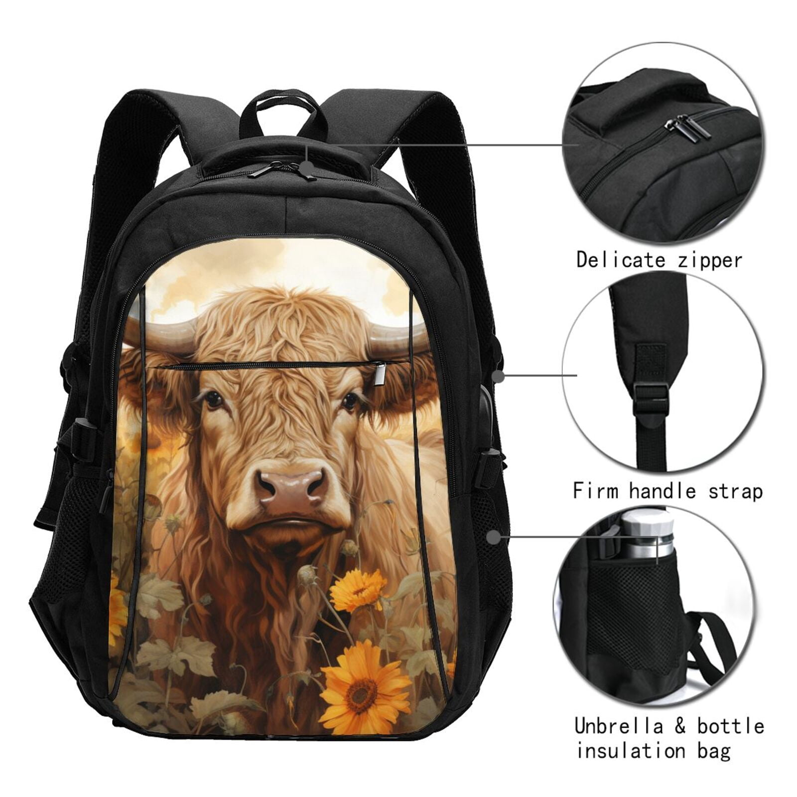 Vsdgher Vintage Sunflower Cow Print Travel Laptop Backpack, Laptops Backpack with USB Charging Port, Water Resistant Computer Bag Gift for Men & Women