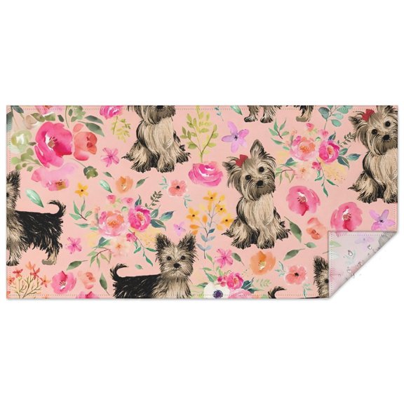 Yorkie Dog and Flower Florals Rectangle Tablecloth 60"x120",Waterproof Polyester Rectangle Table Cloth, Wipeable Spillproof Polyester Tablecloth for Dining, Camping, Indoor and Outdoor