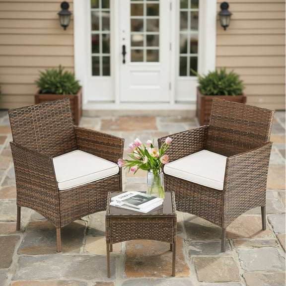 Bigleap 3PCS Patio Furniture Set, Outdoor Wicker Furniture with Coffee Table, Modern Rattan Patio Chairs Conversation Sets for Garden, Terrace, Porch, Balconies, Lawns, Brown