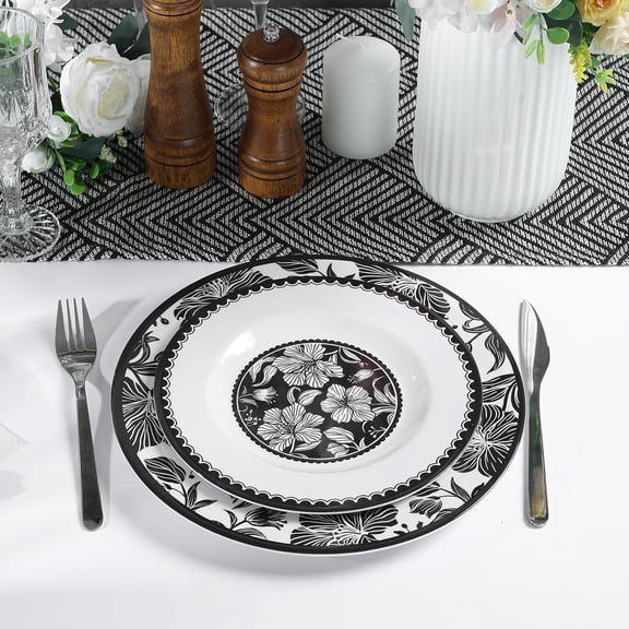 Melamine Dinnerware Sets 12pcs - Black Flower Lily Pattern