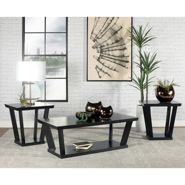 Modern Black 3-Piece Occasional Table Set with Shelves - Coffee Table and 2 End Tables for Living Room