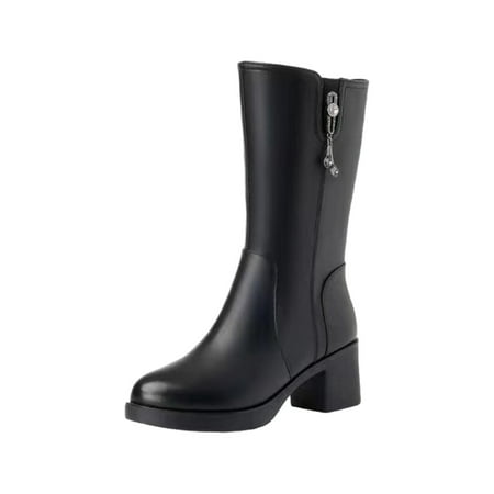 

Lovskoo 2024 Mid Calf Chunky Boots for Women Round Toe Chunky Heel Side Zipper Fall Short Booties Black