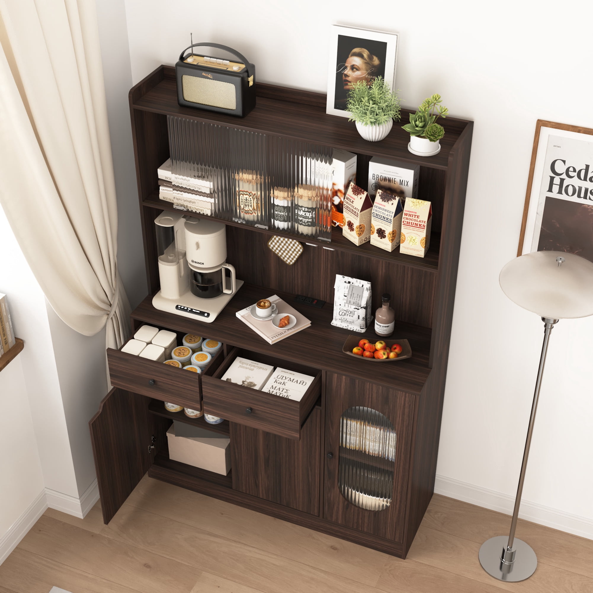 Noble House 71" Tall Kitchen Pantry Storage Cabinet with Microwave Stand, Reeded Glass Doors, Walnut