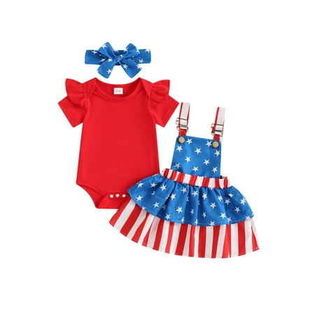 

Baby Girls 4th of July Outfits Romper + Suspender Skirt + Headband