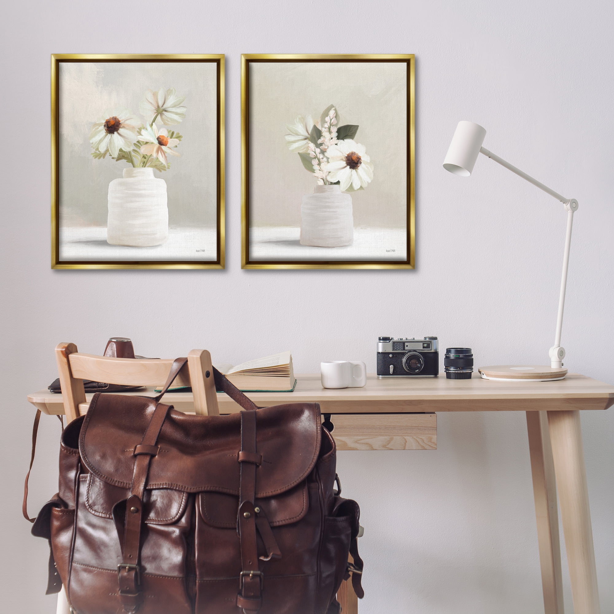 Stupell Industries Simply Elegant Floral Vase Plants & Flowers Painting Gold Floater Framed Canvas Art Print Wall Art, 31 x 25, Set of 2