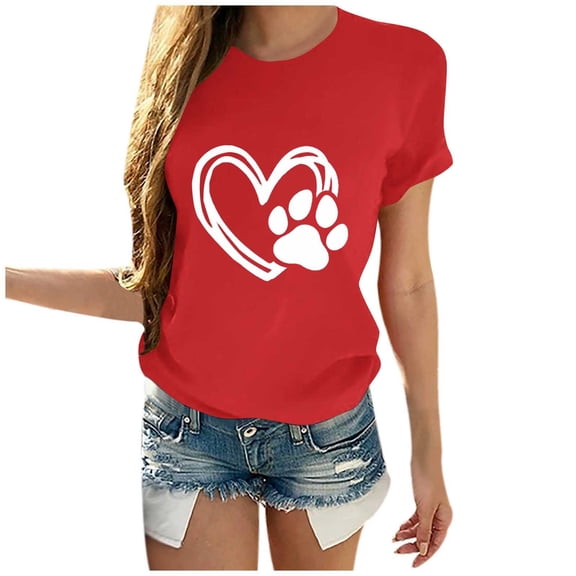 WREESH Womens Fashion T-Shirts Valentine's Day Causal Round Neck Heart Printing Blouse Short Sleeve T-Shirt Summer Tops Pullover Red