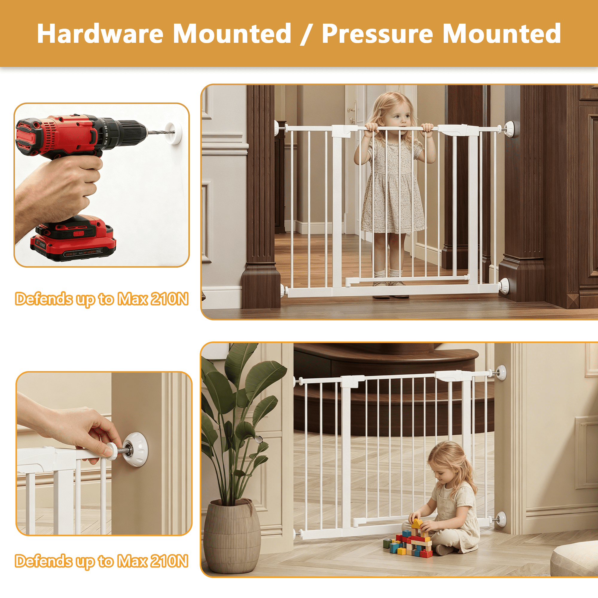 Leumius 29.5-45.3" Wide Baby Gate with Wall Protector for Stairs and Doorways, No Drilling Pressure Mounted Pet Gates for Kids, Easy Walk Through Safety Gate White