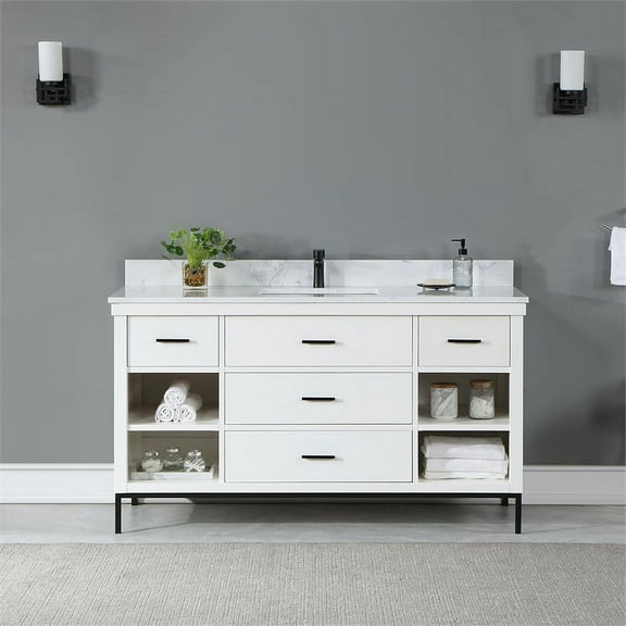 Kesia 60" Single Bathroom Vanity Set in White with Aosta White Composite Stone Countertop without Mirror