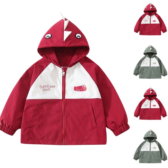 Abtuhar Toddler Boys Fall Winter Hooded Casual Outerwear and Jackets Color‑block Dinosaur‑print Zip‑up Casual Coat for 1‑11 Years