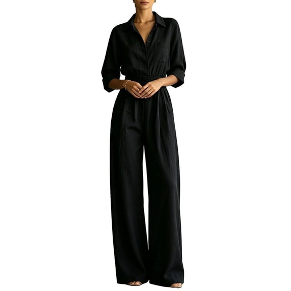 Quixlent Women's Summer Jumpsuit, Button Down Short Sleeve Dressy Wide Leg Pants Rompers, Casual One Piece Outfits with Pockets
