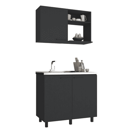 Newboti Furniture Alexandria 2 Piece Kitchen Set, Wall Cabinet   Utility Sink, Black 0022